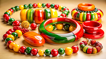 Colorful Beaded Jewelry Collection with Glossy Bangles and Artistic Arrangement