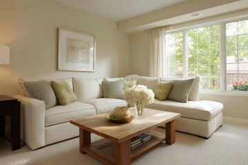 A light and airy living room boasts a neutral color palette, featuring a comfortable sectional sofa with soft green accents, a wooden coffee table, and a large window overlooking a garden.