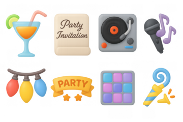 3d party elements: drinks, music, lights, and celebration icons