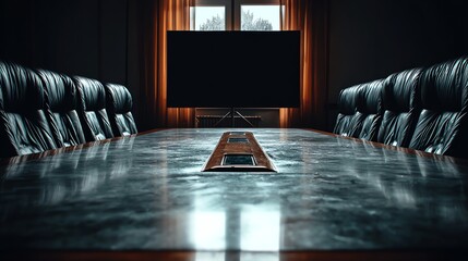A polished conference table dominates the frame, reflecting the ambient light and suggesting a space for important discussions and strategic planning, evoking a sense of power and formality.