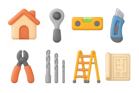 3d construction tools set with house, ladder, and blueprint icons
