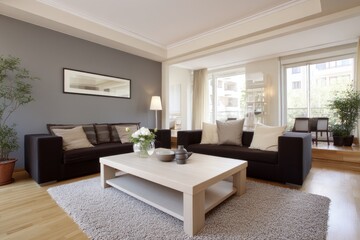 A well-lit, modern living room with a dark brown sofa, light wooden furniture, and a gray wall, exudes a calm and inviting atmosphere.