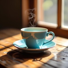 A thin walled porcelain cup in solid blue color sitting on a rustic wooden table, the soft sunlight casts soft shadows, realistic reflections...