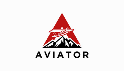 flight aviation with mountain logo design. aviator vector air plane wing logo design template