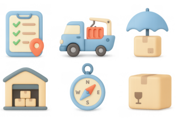 Pastel 3d delivery icons featuring truck, map, and warehouse elements