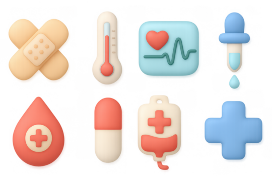 3d medical icons: thermometer, heartbeat, and healthcare symbols collection