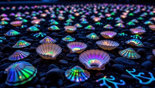 Moonlit Tide Pools with Iridescent Shells and Bioluminescent Plankton