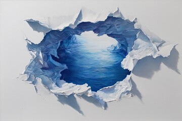Fototapeta premium A torn, white surface reveals a serene, icy blue waterscape within a crevasse-like opening, suggesting a hidden world or a portal to another realm