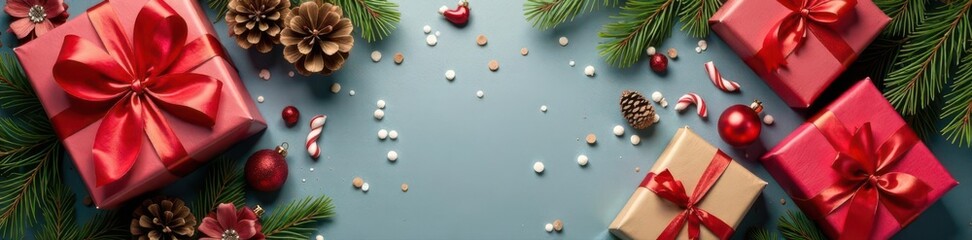 Cozy assorted gift boxes, festive ribbons, pine cones, overhead , overhead shot, bow