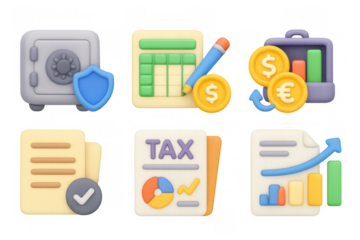 Colorful 3d financial icons set with documents, charts, and coins