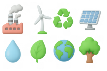 Sustainable energy icons: eco-friendly 3d symbols of renewable resources and environmental conservation