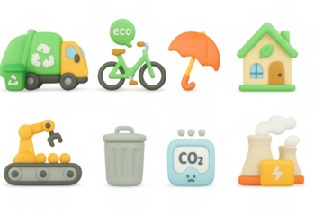 Eco-friendly icons set featuring sustainability, clean energy, recycling, and green living elements