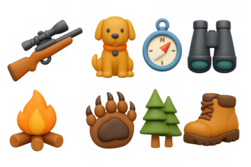 Cute 3d hunting icons: dog, rifle, compass, and more outdoor symbols for adventure theme