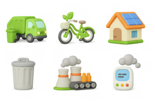 Eco-friendly icons set featuring 3d recycling, green energy, solar house, and electric transport