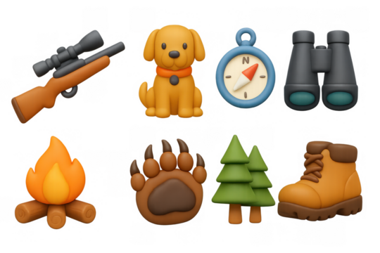 Cute 3d hunting icons: dog, rifle, compass, and more outdoor symbols for adventure theme