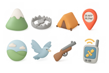 Colorful 3d icons of camping and outdoor adventure elements