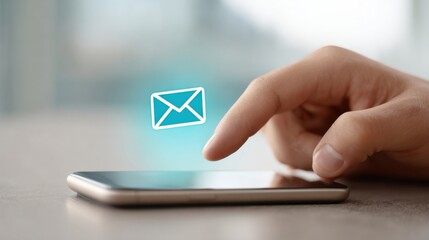 A person is pointing at an email icon on a phone