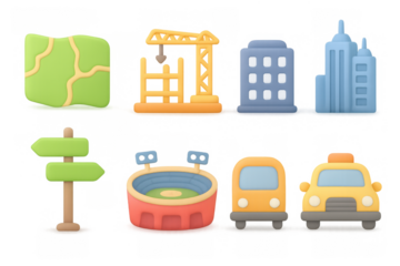 3d urban city elements with map, building, and transport icons