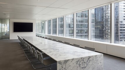 A spacious, modern conference room features a long marble table and sleek chairs, bathed in natural light from expansive windows overlooking a cityscape, conveying a sense of professional