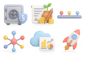 3d business icons set: safe, contract, rocket, growth chart, cloud, network