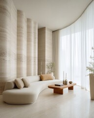 A minimalist living room boasts a curved sofa, light beige stone walls, and a wooden coffee table, bathed in natural light.