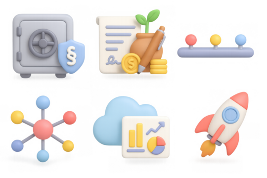 3d business icons set: safe, contract, rocket, growth chart, cloud, network
