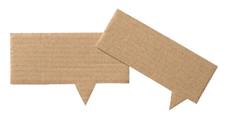 Brown blank cut out cardboard paper speech bubbles with copy space for text on transparent png background conversation discussion design element