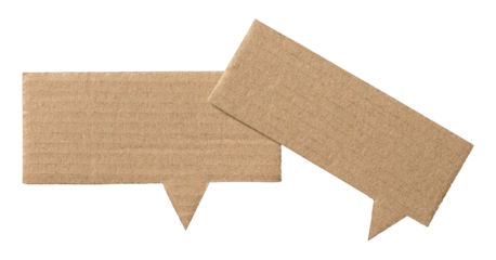 Brown blank cut out cardboard paper speech bubbles with copy space for text on transparent png background conversation discussion design element
