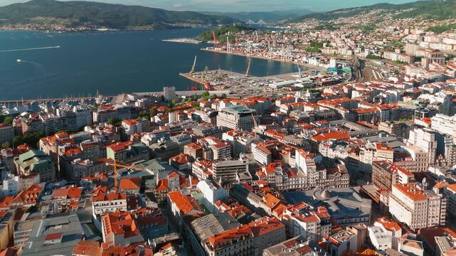 Aerial of Vigo City Center, Pontevedra, Galicia, Spain