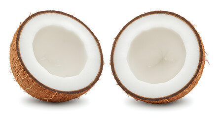 Fresh Coconut split open into halves on white background