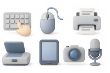 Isometric 3d icons of office technology with keyboard, mouse, and printer