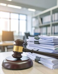 Gavel resting on documents in an office setting