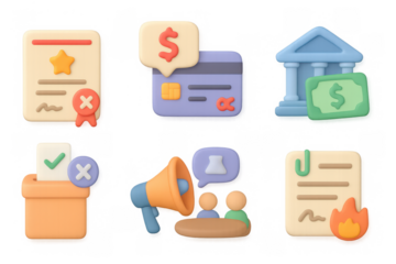 3d icons for finance and communication: banking, documents, and alerts