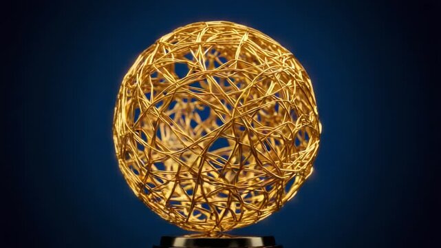 A Glimmering Golden Sphere Illuminated Against a Deep Blue Background, Showcasing Intricate Patterns and Uniquely Twisted Wire Structures in Contemporary Design.