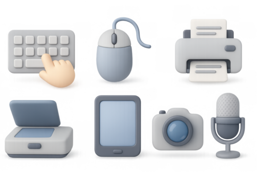 Isometric 3d icons of office technology with keyboard, mouse, and printer