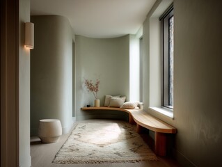 A serene, minimalist hallway boasts a curved wooden bench, soft sage walls, and warm-toned textiles, creating a tranquil and inviting atmosphere.