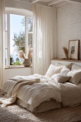 A serene bedroom, bathed in natural light, features a light beige duvet cover and a view of a landscape.