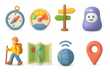 Playful 3d icons: hiking, navigation, and technology elements