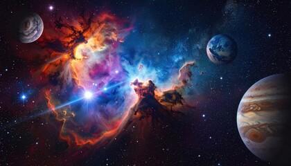 Obraz premium Stunning Galactic Vista Featuring a Colorful Emission Nebula, Bright Stars, and Celestial Bodies in Deep Space - An Awe-Inspiring Astronomical Dream