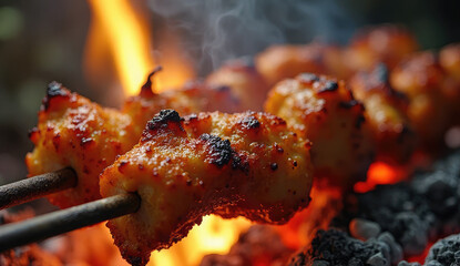 Delicious Chicken Tikka Skewers Cooking Over Hot Flames