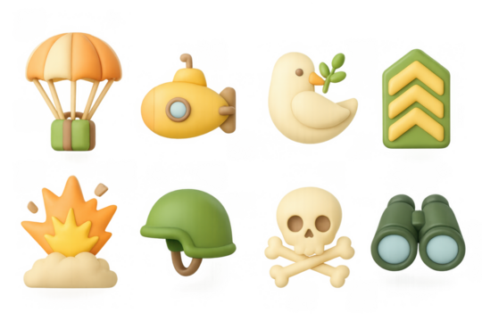 3d cartoon military icons collection: submarine, parachute, skull, and more