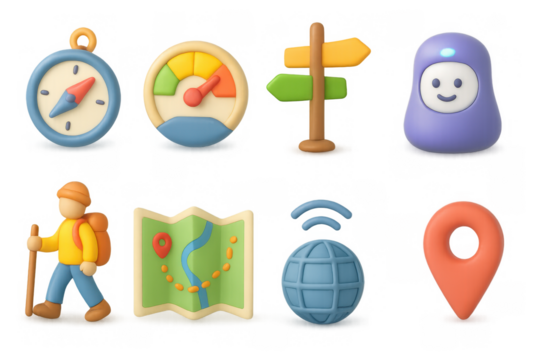 Playful 3d icons: hiking, navigation, and technology elements