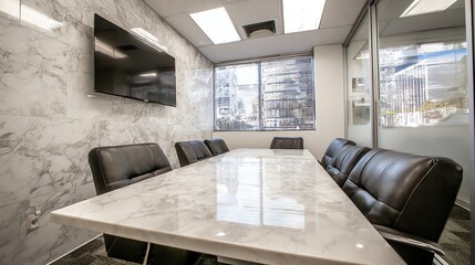 A modern conference room features a large marble-topped table surrounded by black leather chairs, illuminated by overhead lighting and a wall-mounted display, creating a professional atmosphere.
