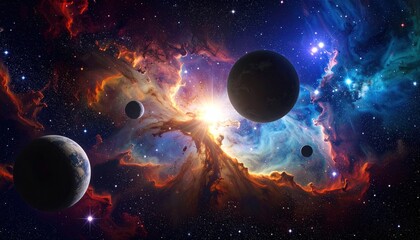 Obraz premium Celestial Symphony A Cosmic Dance of Nebulae and Planets in Deep Space