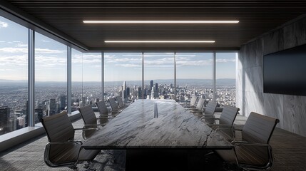 An expansive, modern conference room overlooks a sprawling cityscape, conveying a sense of power and ambition through its minimalist design and panoramic view.