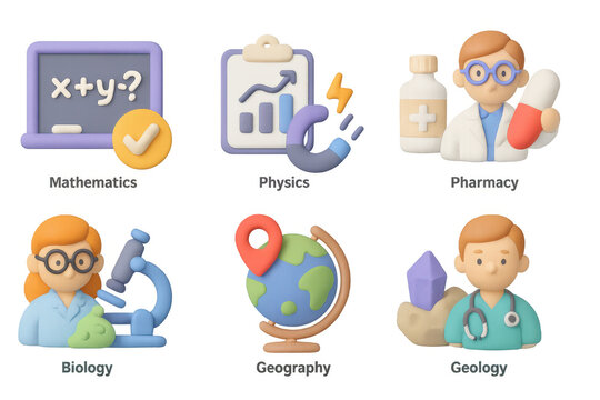 Colorful 3d education icons for science subjects and learning concepts