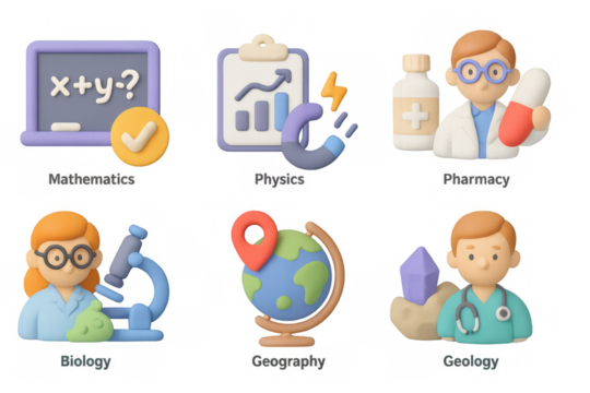 Colorful 3d education icons for science subjects and learning concepts