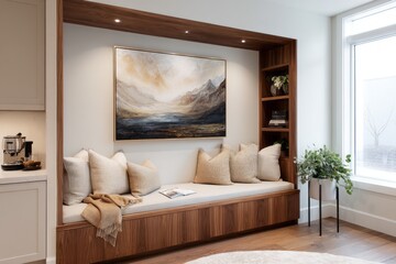 A cozy reading nook, highlighted by a warm, neutral color palette and an artistic landscape print, adds a touch of tranquility to a contemporary interior design.