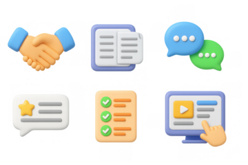 3d business communication icons: handshake, chat, checklist, and media concepts