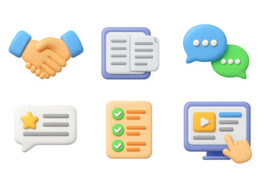 3d business communication icons: handshake, chat, checklist, and media concepts